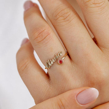 Kaze Personalized Birthstone Name Open Ring | Custom Birthstone &amp; Name Ring in Silver, Gold &amp; Rose Gold