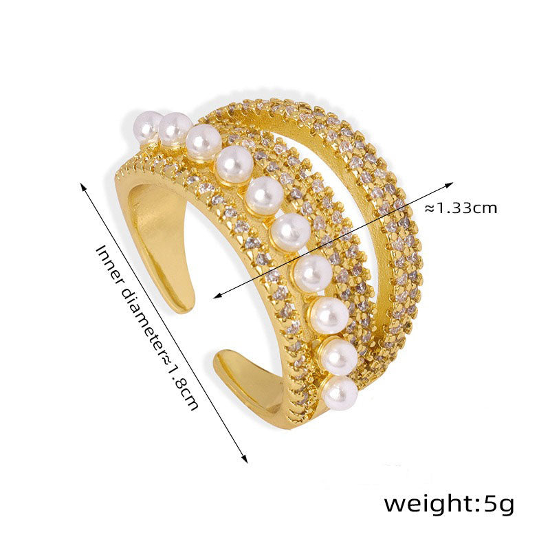 18K Gold Multi-Layered Open Ring with Zircon and Pearl Accents