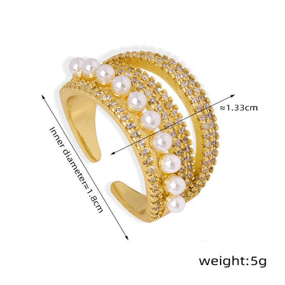 18K Gold Multi-Layered Open Ring with Zircon and Pearl Accents