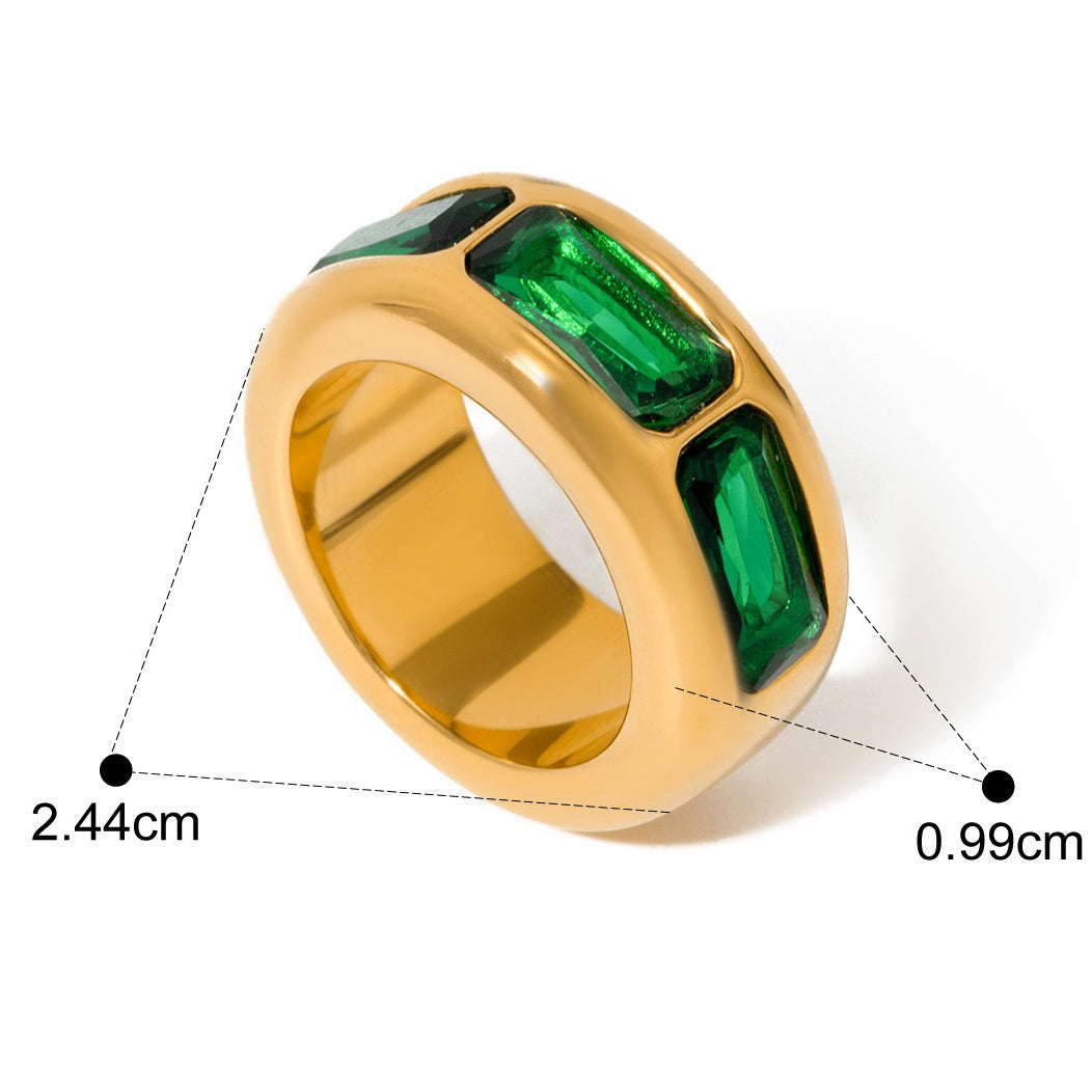 Kaze Classic Noble Wide Face Three-Gemstone Ring | 18K Gold Ring in Green &amp; White Size 7 Green 7US
