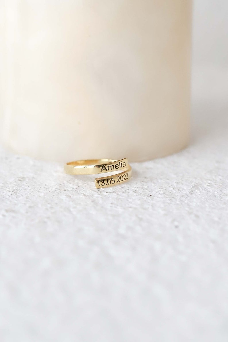 Kaze Customized Open Ring with Name and Date | Personalised Engraved Ring in Silver, Gold &amp; Rose Gold