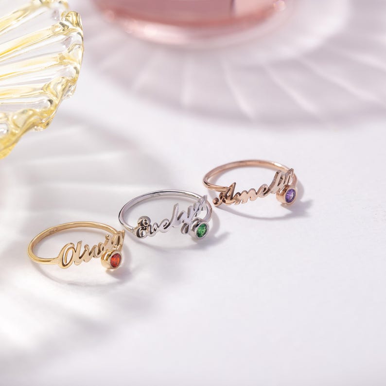 Kaze Personalized Birthstone Name Open Ring | Custom Birthstone &amp; Name Ring in Silver, Gold &amp; Rose Gold