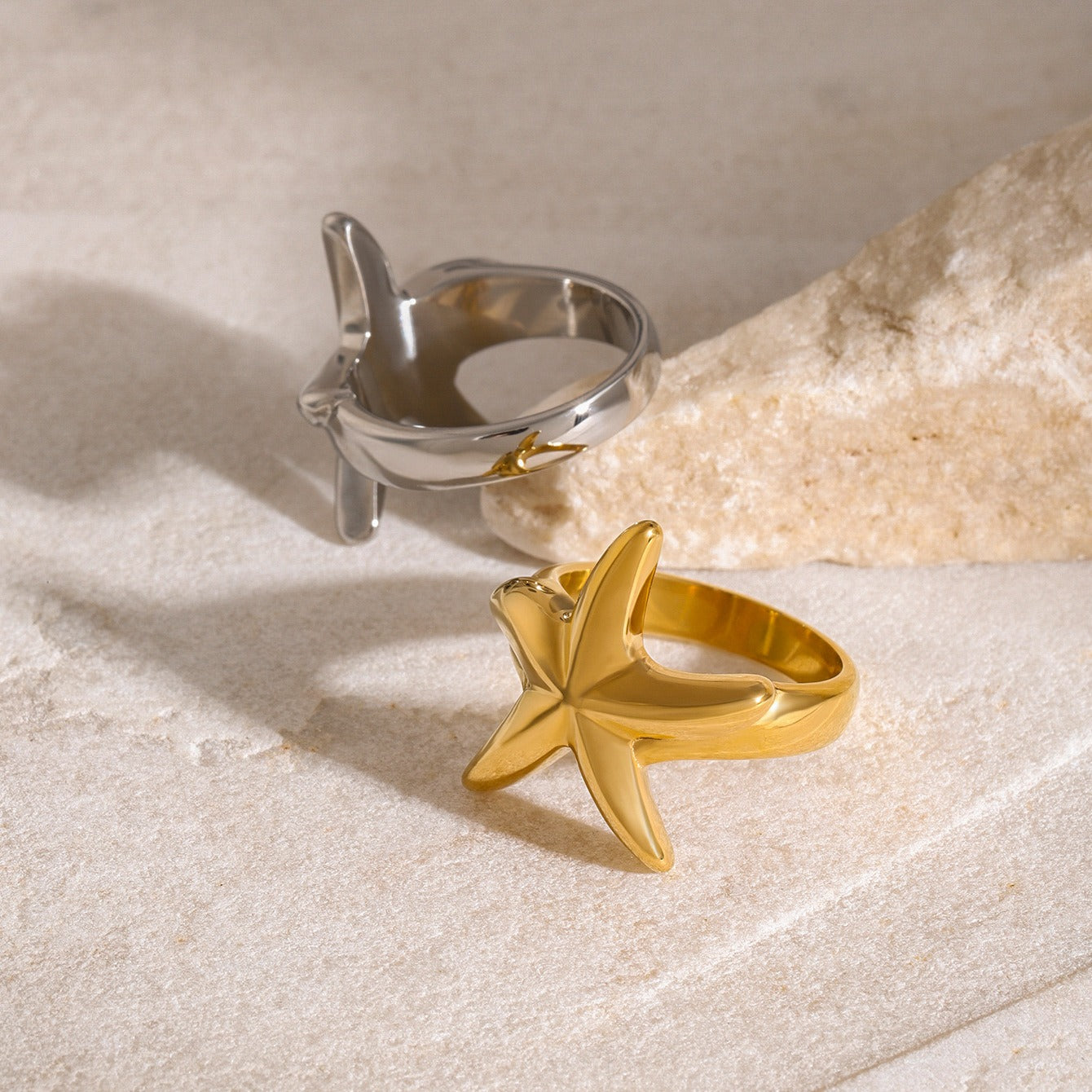 Kaze Starfish Design Beach Style Ring | 18K Gold Coastal Ring in Gold &amp; Silver Sizes 6–8