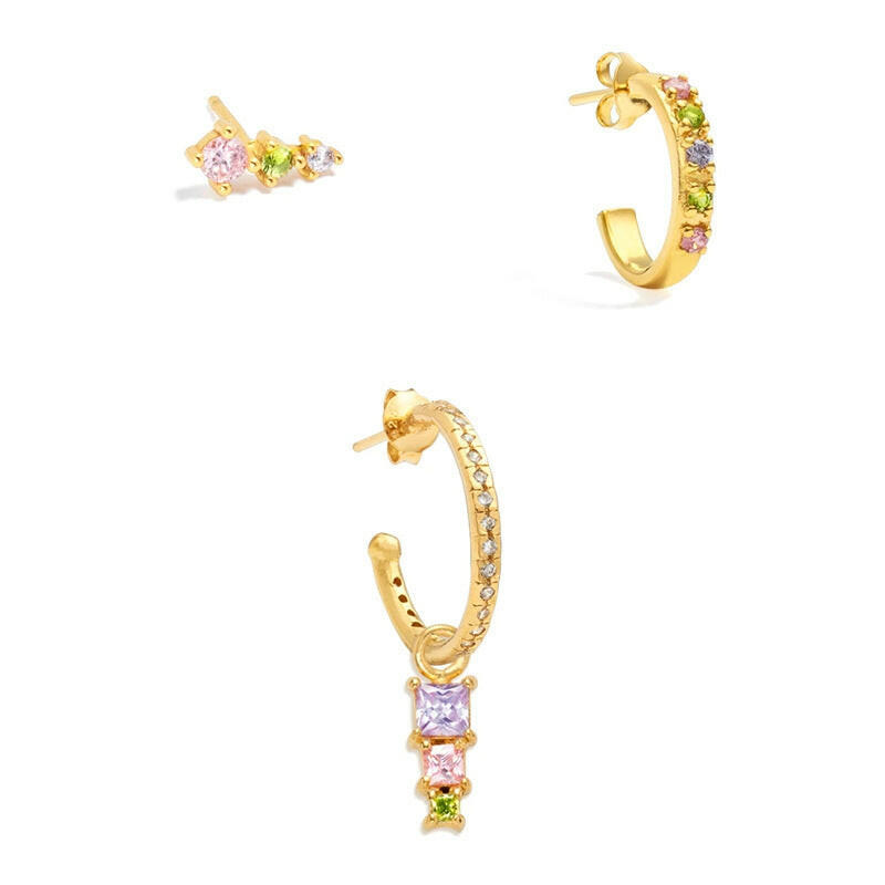 Kaze Geometric Zircon Copper Earring Set | 3-Piece Contemporary Earring Collection 3 Style