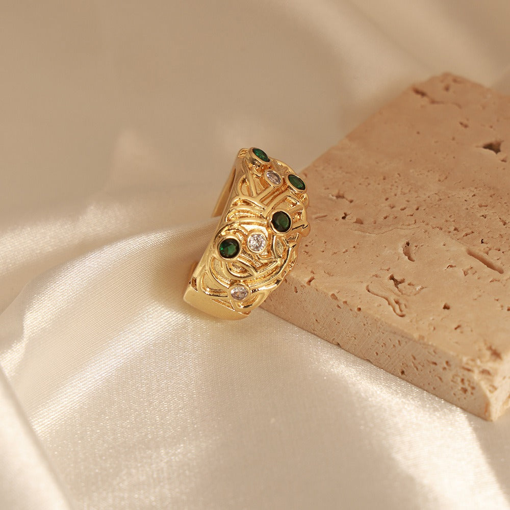 Kaze Retro Irregular Carved Zircon Open Ring | 18K Gold-Plated Stainless Steel Adjustable Ring