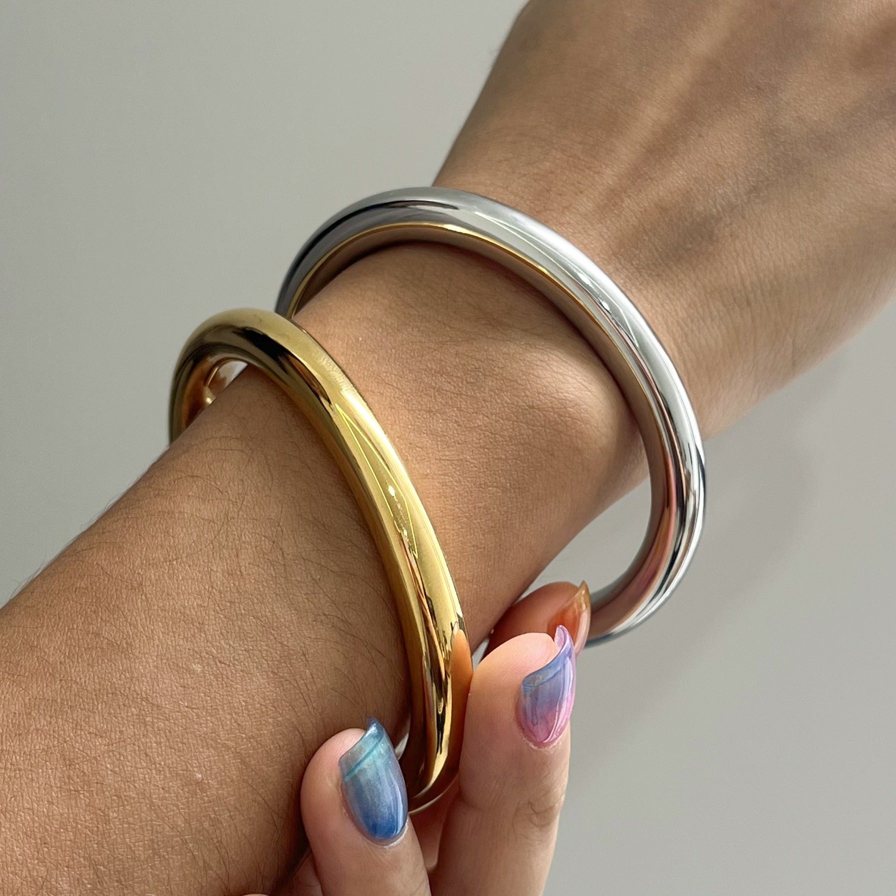 Kaze 18K Gold-Plated Open-Ended Titanium Steel Bracelet | S925 Silver Accent Bracelet in Gold &amp; Silver