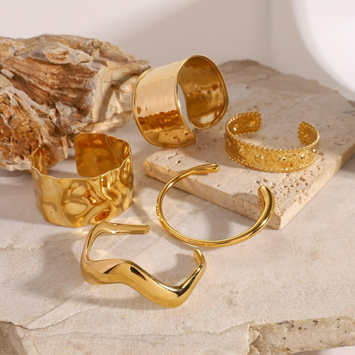 Kaze Wide Textured Gold Bracelet | 18K Gold-Plated Geometric Statement Bangle