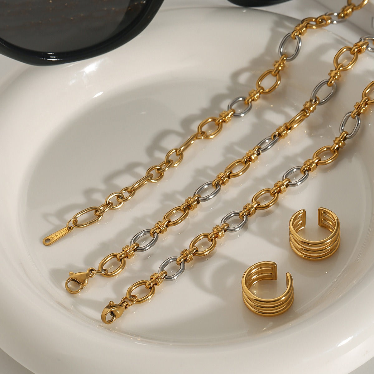 Kaze Two-Tone Chain Necklace &amp; Bracelet Set | 18K Gold Silver Colour-Block Chain Set