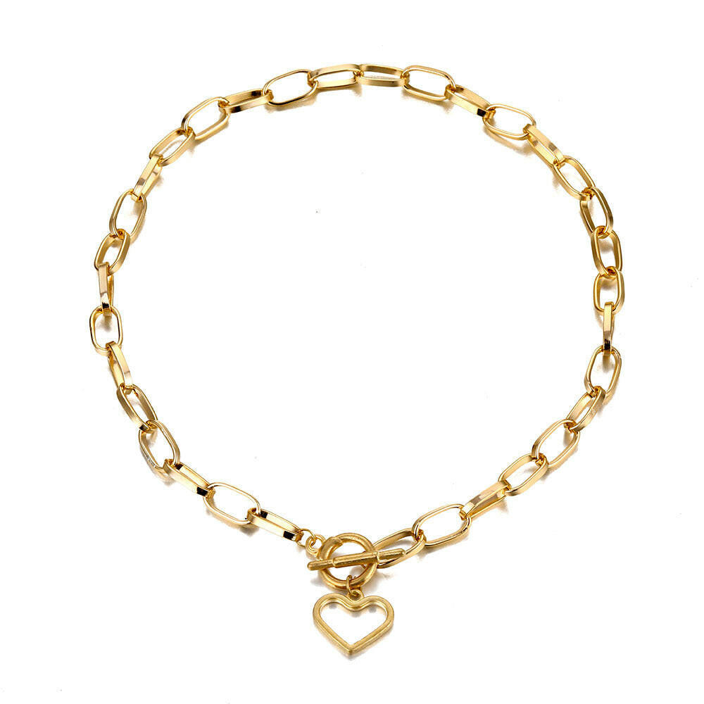 Kaze Retro Hip Hop Heart Buckle Necklace | Gold-Tone Zinc Alloy Statement Necklace