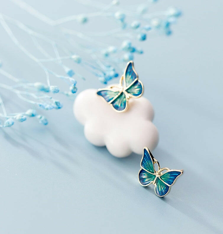Kaze 925 Sterling Silver Blue Butterfly Stud Earrings | Hypoallergenic Butterfly Earrings in Green &amp; Blue Blue