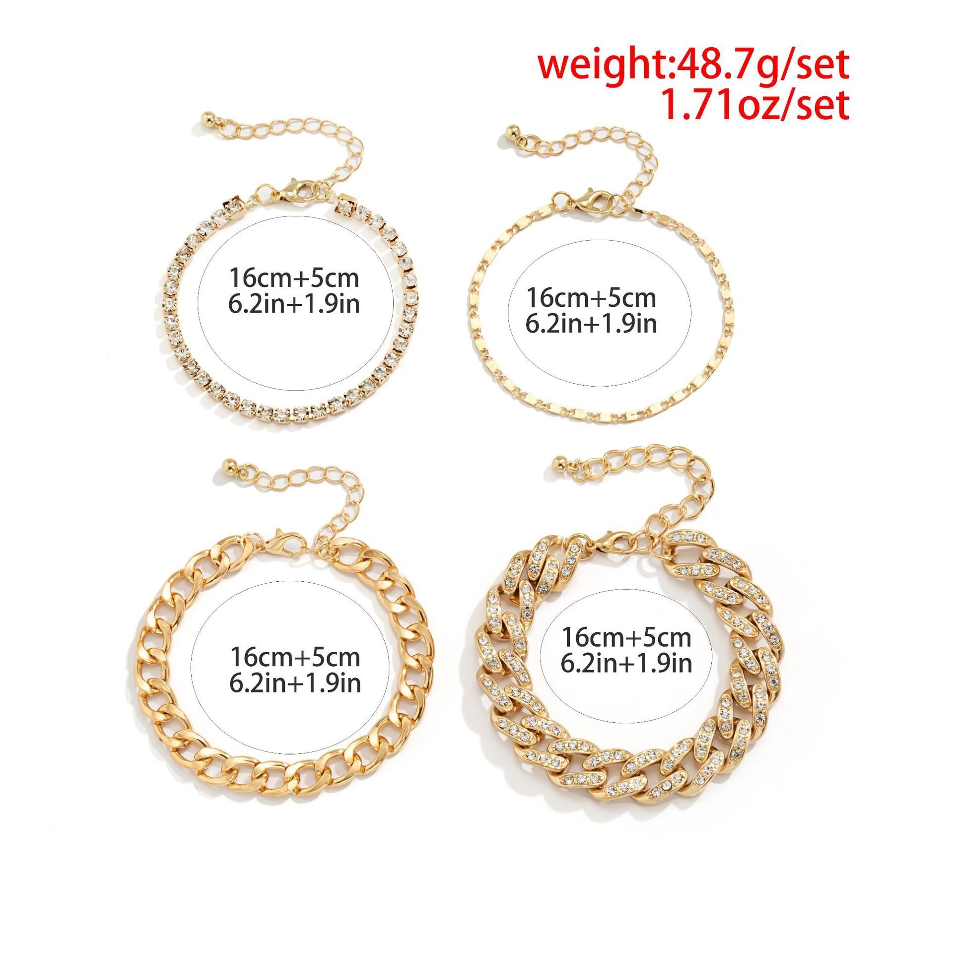 Kaze Hip-Hop Retro Diamond-Studded Cuban Chain Bracelet Set | 18K Gold Statement Bracelet in Gold &amp; Silver