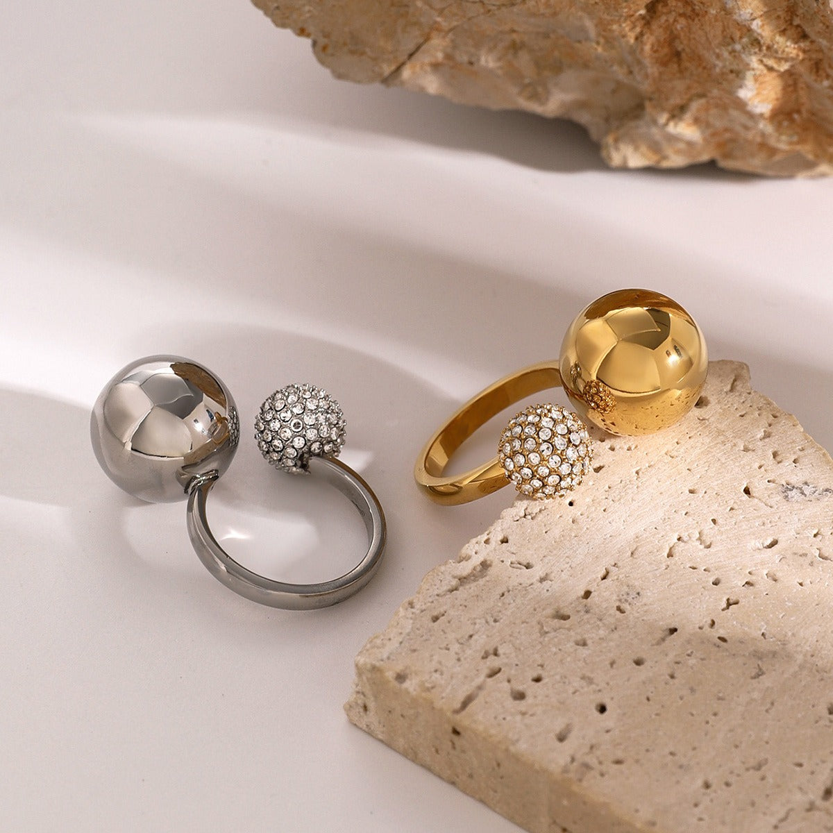 Kaze Large and Small Ball Diamond Ring | 18K Gold Sculptural Statement Ring in Gold &amp; Silver