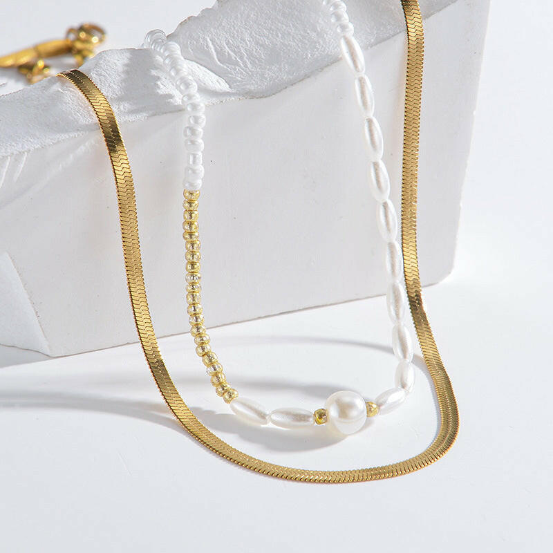 Kaze Double-Layer White Beaded Pearl Chain Necklace | Stainless Steel Pearl Necklace JZN2034