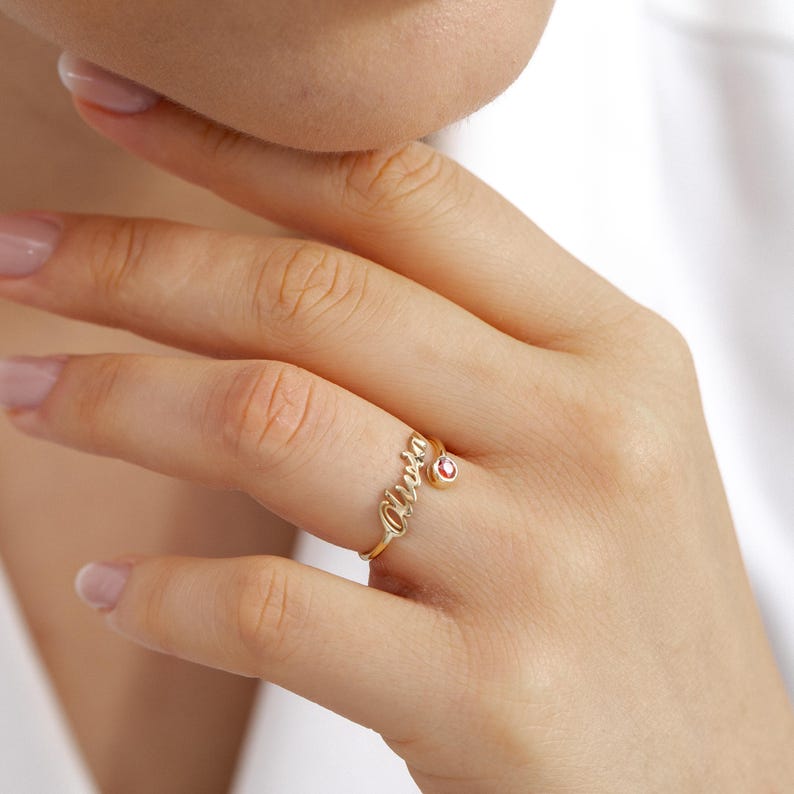 Kaze Personalized Birthstone Name Open Ring | Custom Birthstone &amp; Name Ring in Silver, Gold &amp; Rose Gold