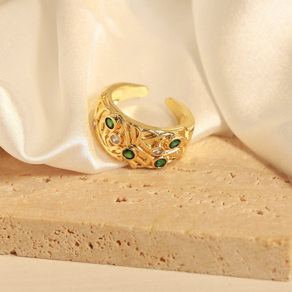 Kaze Retro Irregular Carved Zircon Open Ring | 18K Gold-Plated Stainless Steel Adjustable Ring