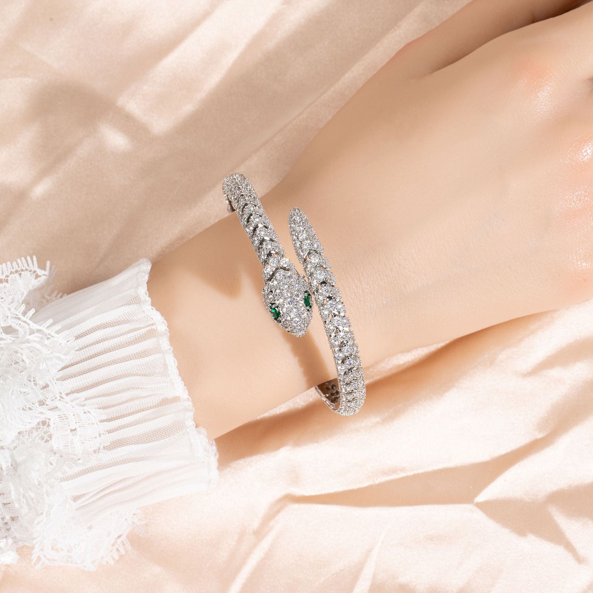 Kaze Snakebone Pavé Diamond Open Bangle | 18K Gold Full Cubic Zirconia Bangle White Background, White