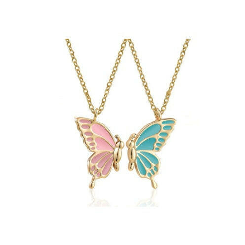 Kaze Geometric Butterfly Layered Necklace Set | Oil-Drip Enamel Pendant in 5 Colours Pink And Blue