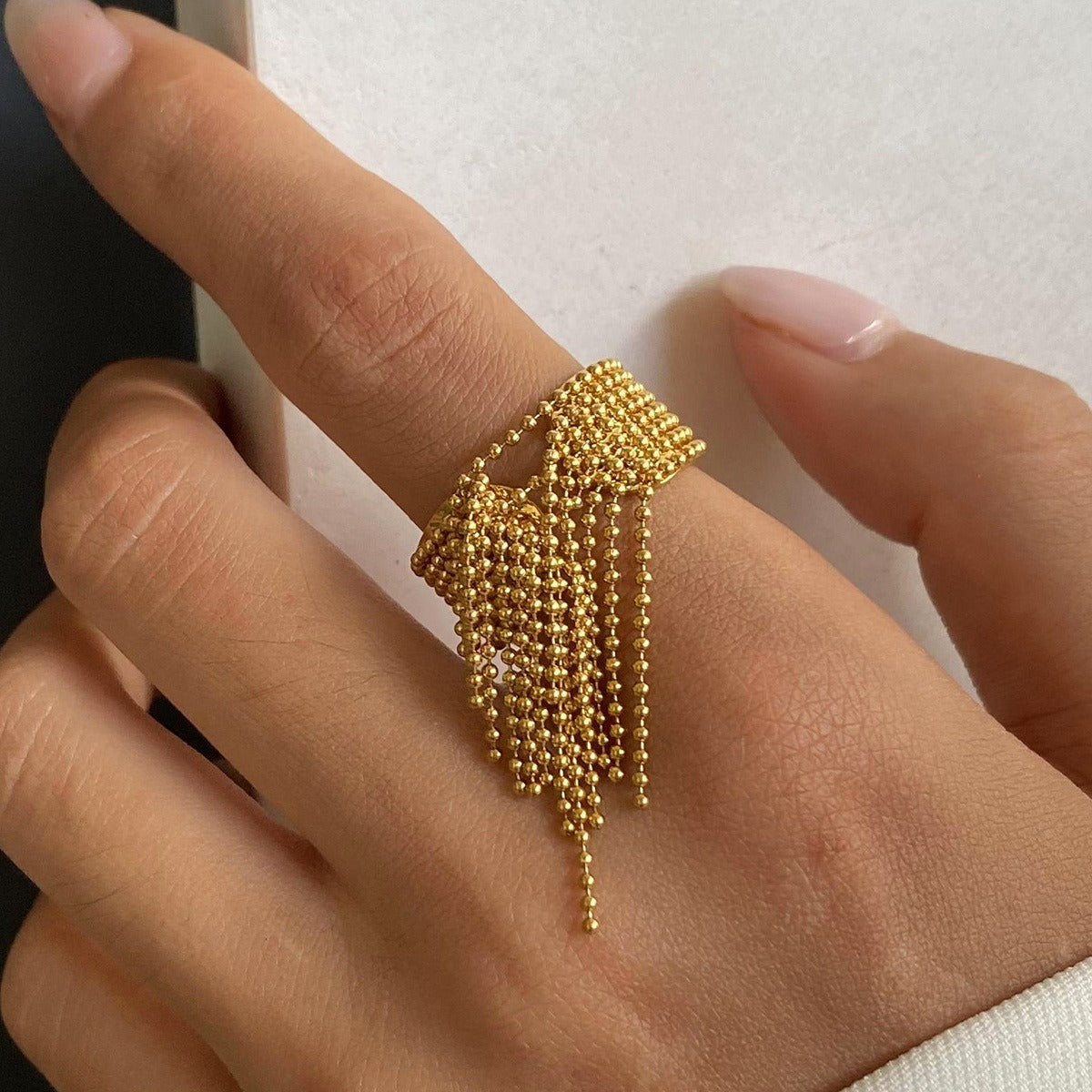 Kaze Round Bead Tassel Design Ring | 18K Gold Elegant Adjustable Ring in Gold &amp; Silver