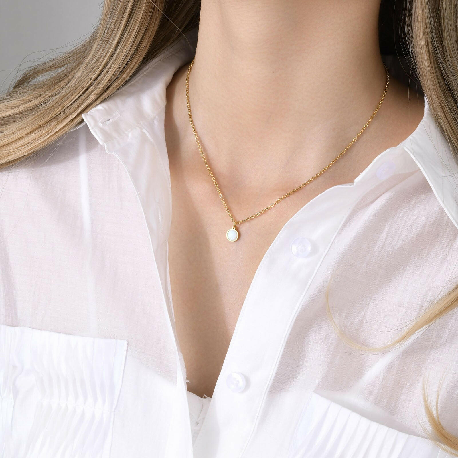 Kaze White and Blue Opal Round Pendant Necklace | Titanium Steel Opal Necklace for Women White Opal Stone