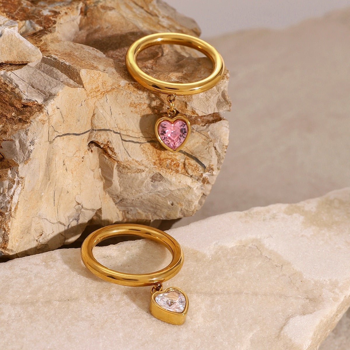 Kaze Heart Gemstone Pendant Ring | 18K Gold Heart Ring in Pink &amp; White