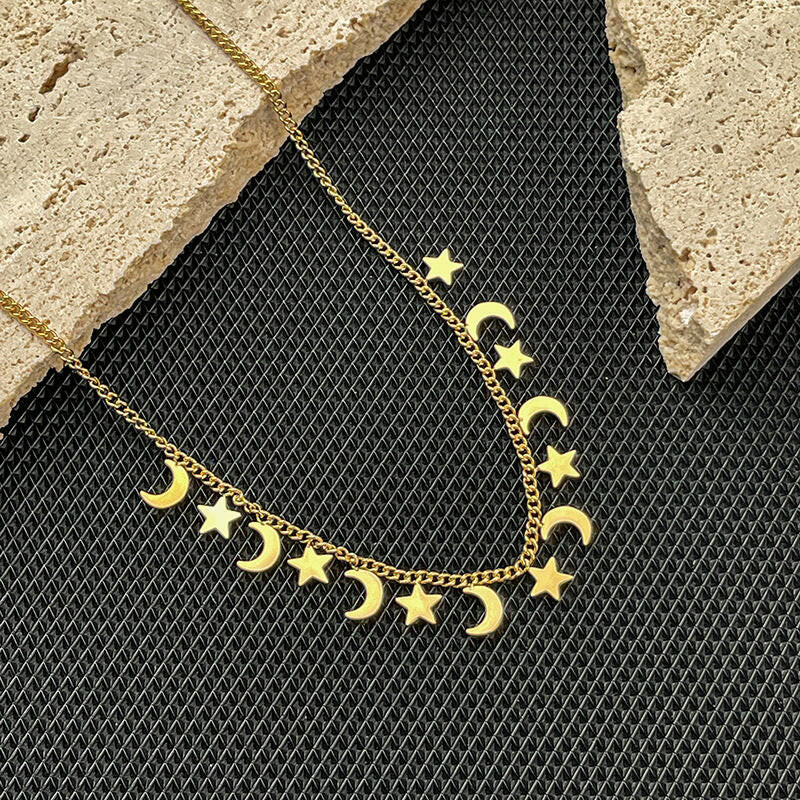 Kaze Luxury Retro Star and Moon Tassel Necklace | Titanium Steel Gold Inlay Celestial Pendant Gold
