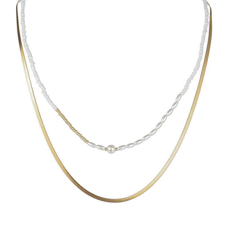 Kaze Double-Layer White Beaded Pearl Chain Necklace | Stainless Steel Pearl Necklace