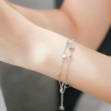 Kaze Silver-Plated Double-Layer Five-Pointed Star Bracelet | Sparkling Star Charm Bracelet White Gold Color