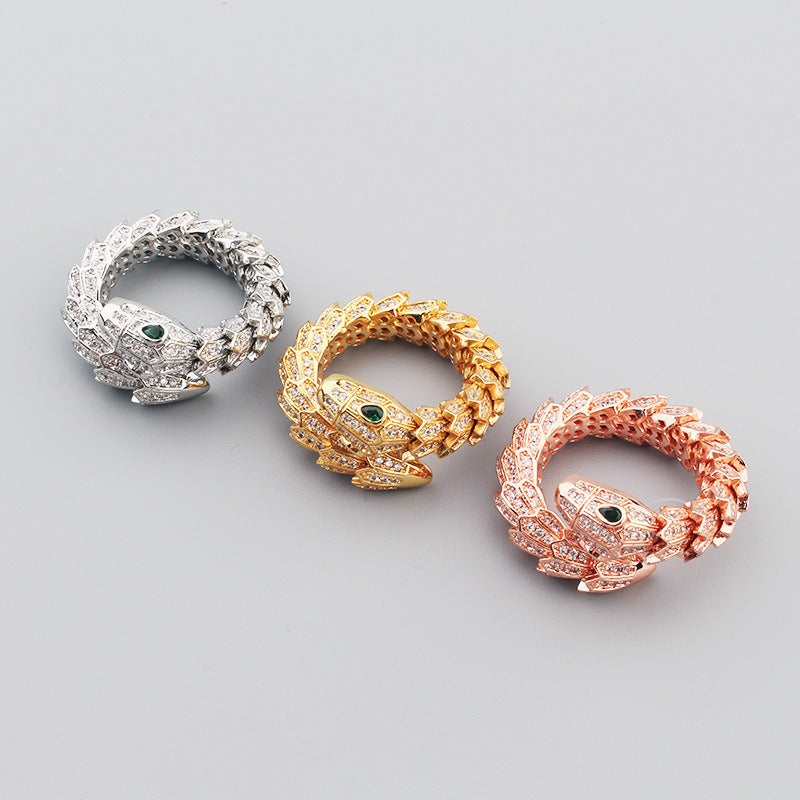 Kaze Snake-Shaped Gemstone Inlay Open Ring | 18K Gold Adjustable Serpent Ring in Gold, Silver &amp; Rose Gold