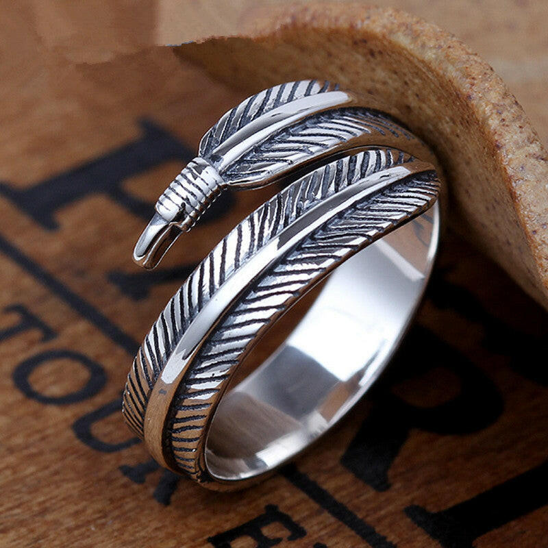 Kaze Retro Feather Adjustable Copper Ring | Open Band Nature-Inspired Ring