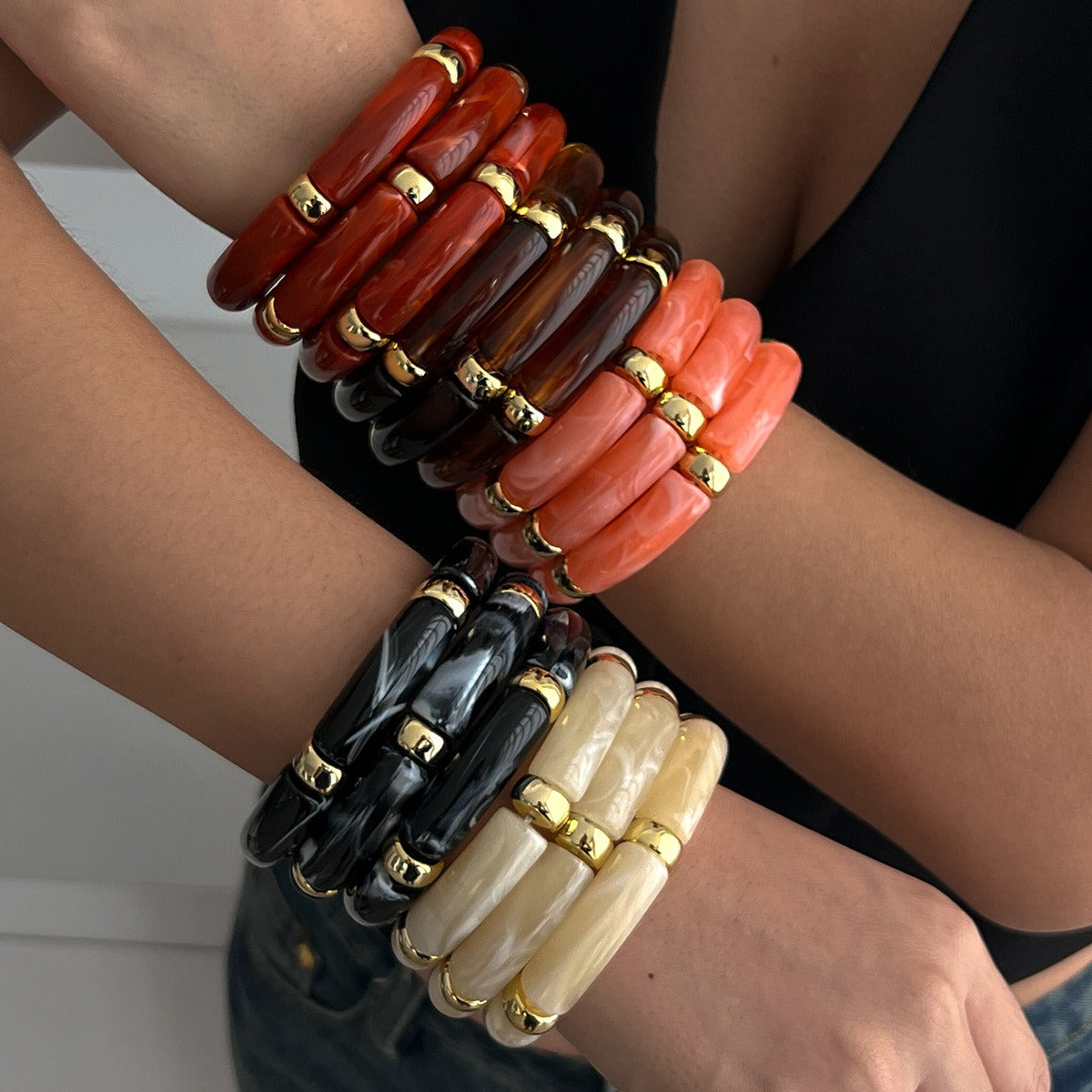Kaze Light Luxury Beaded Bamboo Bracelet | 18K Gold-Plated S925 Silver Resin Bracelet in 8 Colours