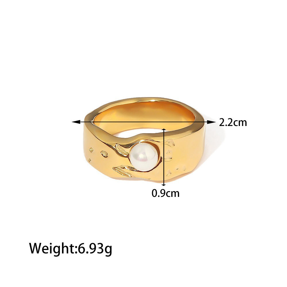 Kaze Lava Texture Pearl Accent Ring | 18K Gold Light Luxury Ring in Sizes 6–8 US