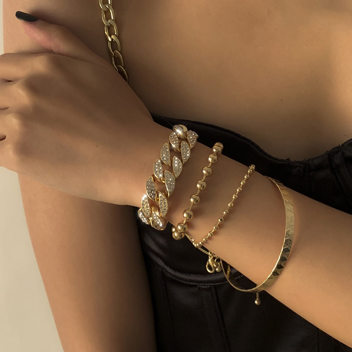 Kaze Diamond-Encrusted Cuban Clasp and Hip-Hop Round Bead Chain Bracelet Set | 18K Gold Statement Bracelet