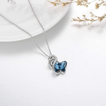 925 Sterling Silver Blue Butterfly Pendant Necklace with Crystal Accents Wholesale