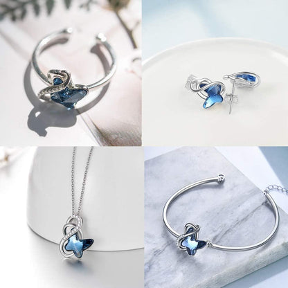 925 Sterling Silver Blue Butterfly Pendant Necklace with Crystal Accents Wholesale