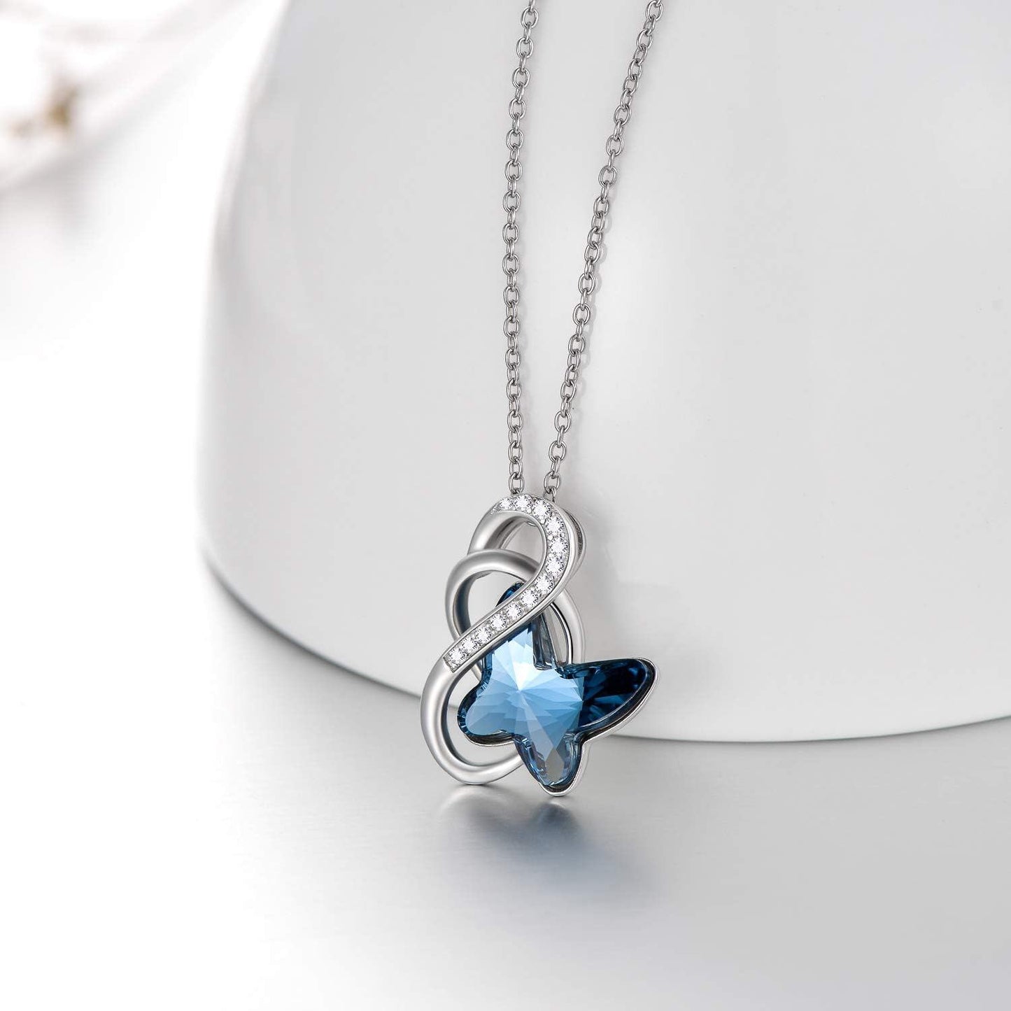 925 Sterling Silver Blue Butterfly Pendant Necklace with Crystal Accents Wholesale
