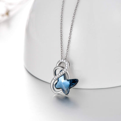 925 Sterling Silver Blue Butterfly Pendant Necklace with Crystal Accents Wholesale