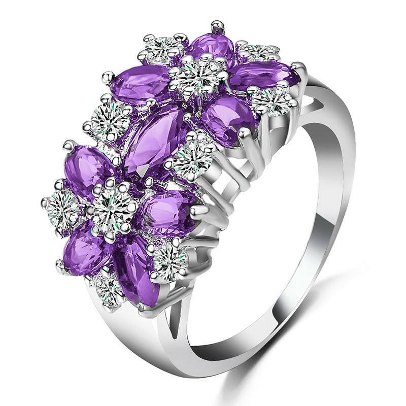 Kaze Floral Elegance Cubic Zirconia Wedding Band | Premium Brass Nature-Inspired Ring Violet