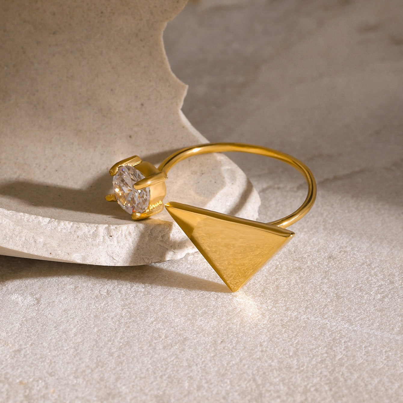 Kaze Triangle with Round Gemstone Open Ring | 18K Gold Geometric Ring in Gold &amp; Silver