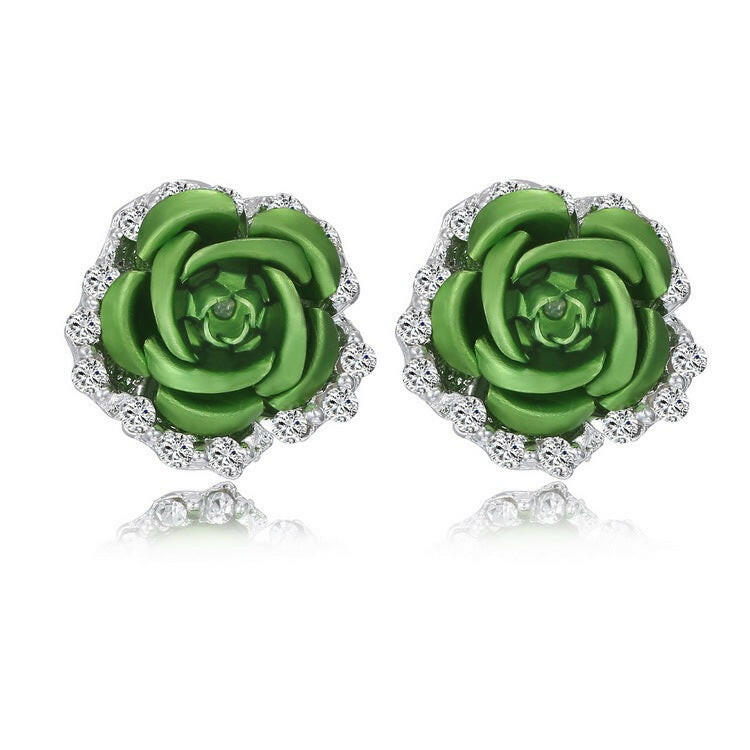 Kaze Rose Flower Ear Clip Earrings | Korean-Style Geometric Diamond Earrings in 9 Colours Green