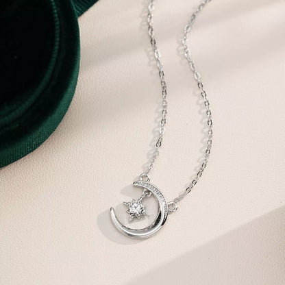 925 Sterling Silver Moissanite Star and Moon Necklace Silver onesize