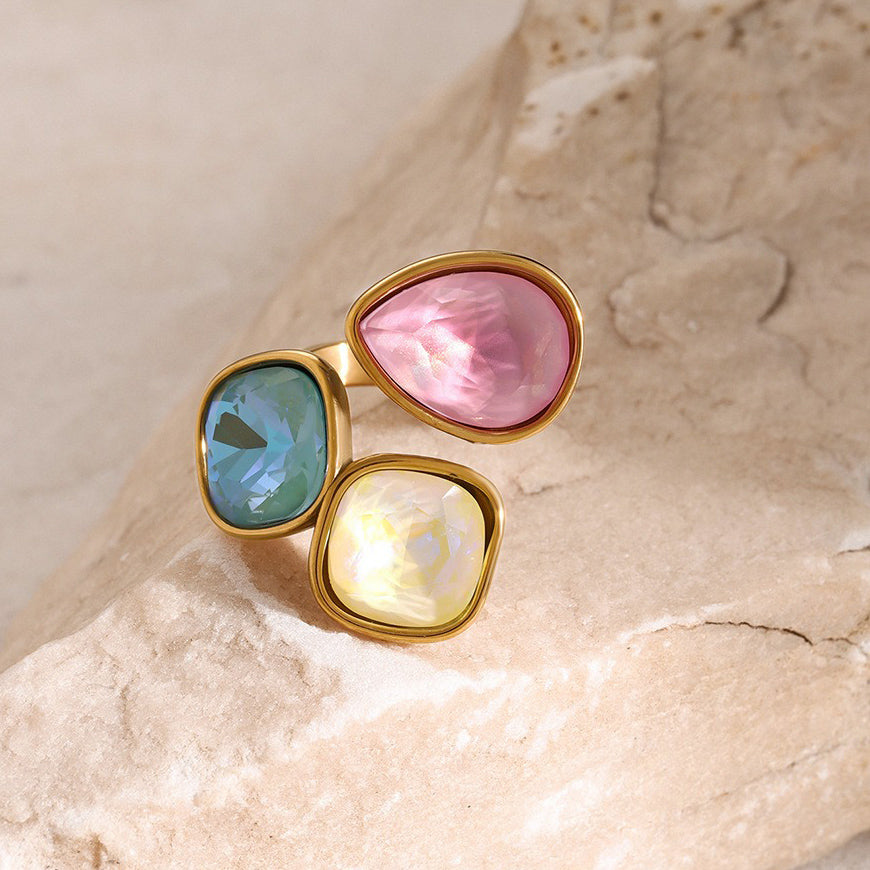 Kaze Light Luxury Noble Geometric Gemstone Open Ring | 18K Gold Inlaid Statement Ring