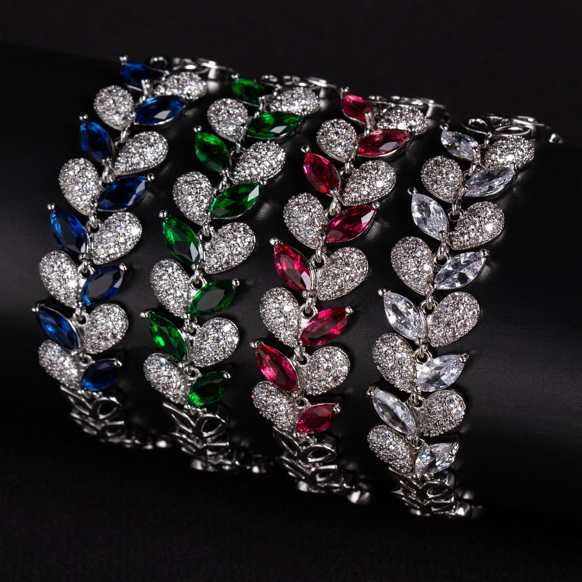 S925 Sterling Silver Micro-Pavé Zirconia Leaf and Fishtail Link Chain Bracelet