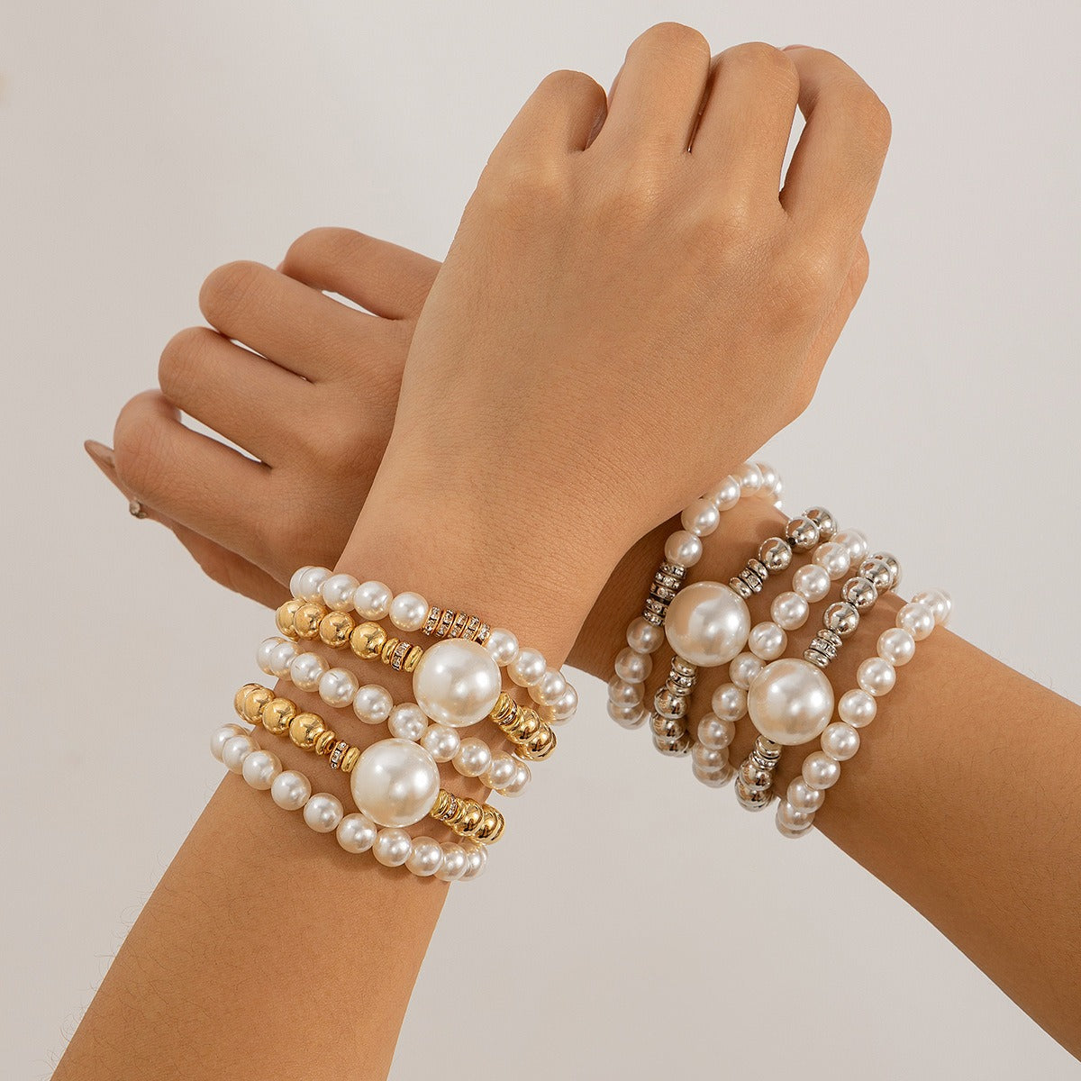 Kaze Pearl Stacking Bracelet | 18K Gold Multi-Layer Pearl Bracelet in White &amp; Gold Gold