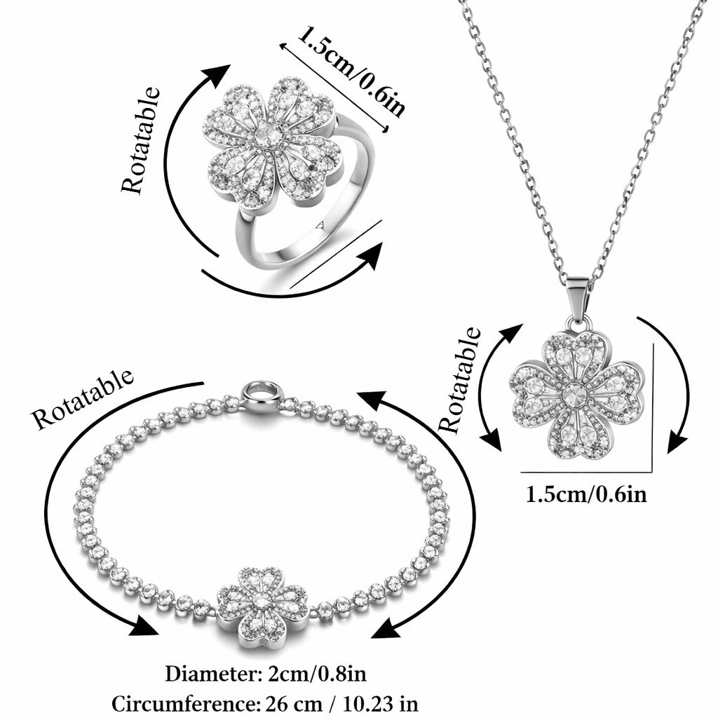 Kaze Rotating Heart-Shaped Zircon Necklace, Ring &amp; Bracelet Set | S925 Silver Spinner Jewellery