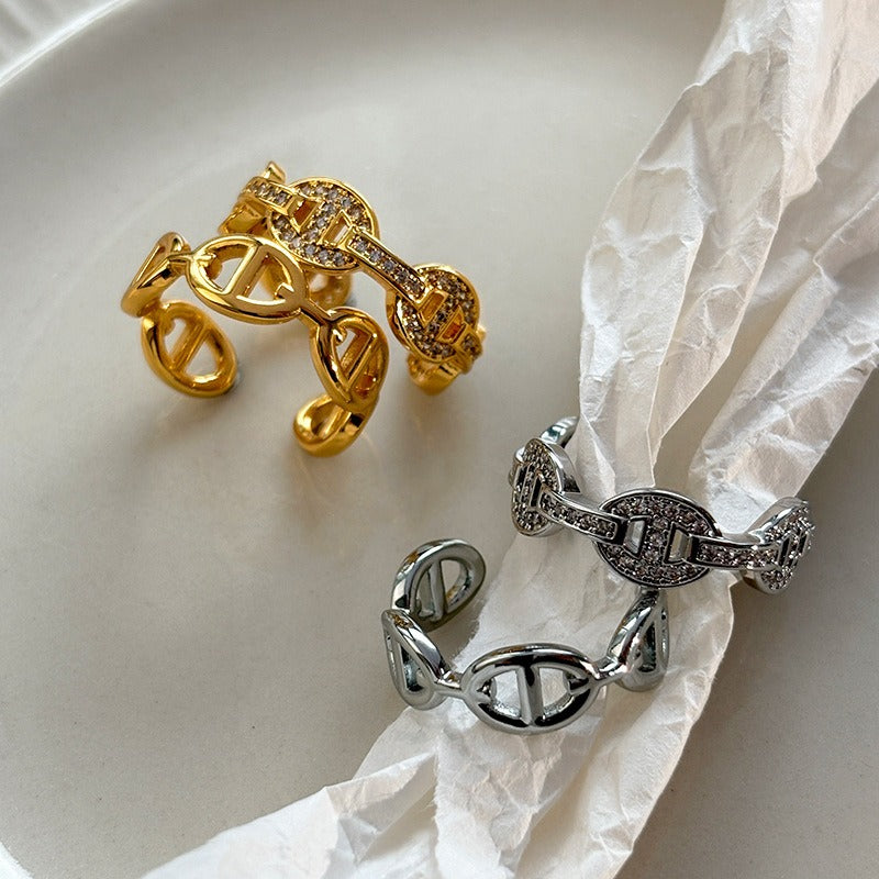 Kaze Pig Nose Rhinestone Open Adjustable Ring | 18K Gold S925 Silver Ring in Diamond &amp; Smooth Variants