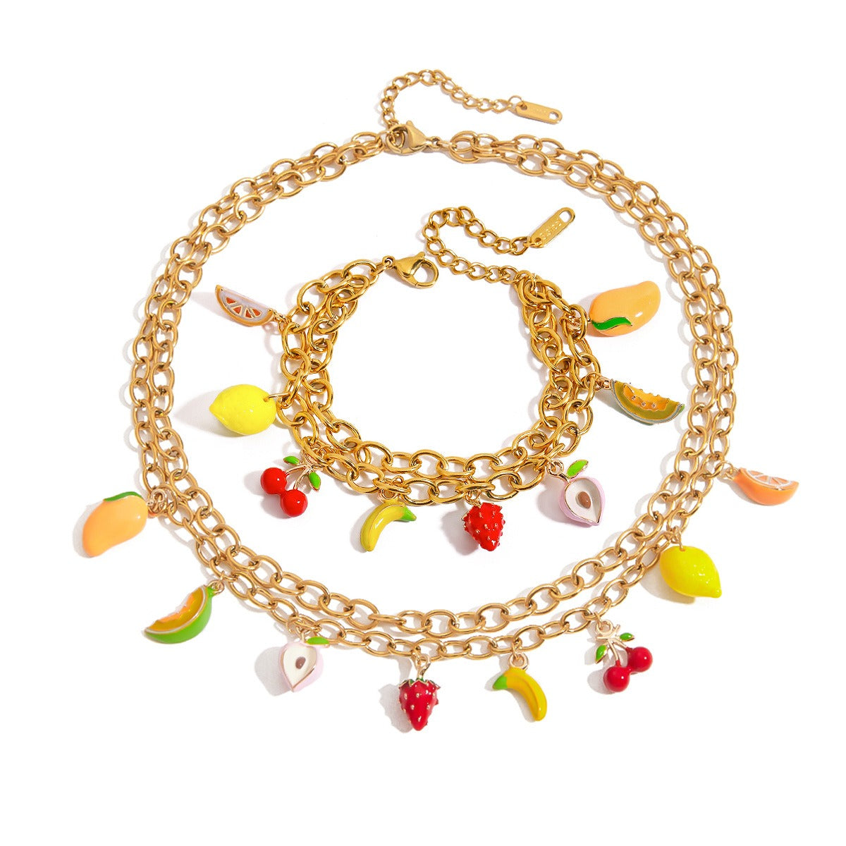 Kaze 18K Gold Thick Chain Fruit Pendant Jewellery Set | Necklace, Bracelet &amp; Earrings in 18K Gold