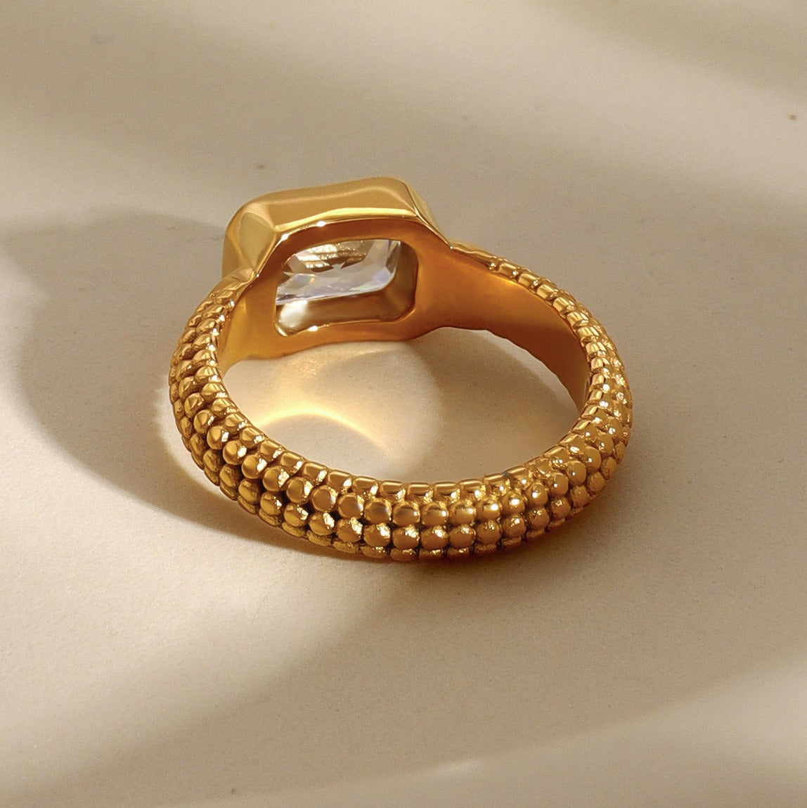 Kaze Rectangular Gemstone Beaded Design Ring | 18K Gold Luxury Ring Size 7