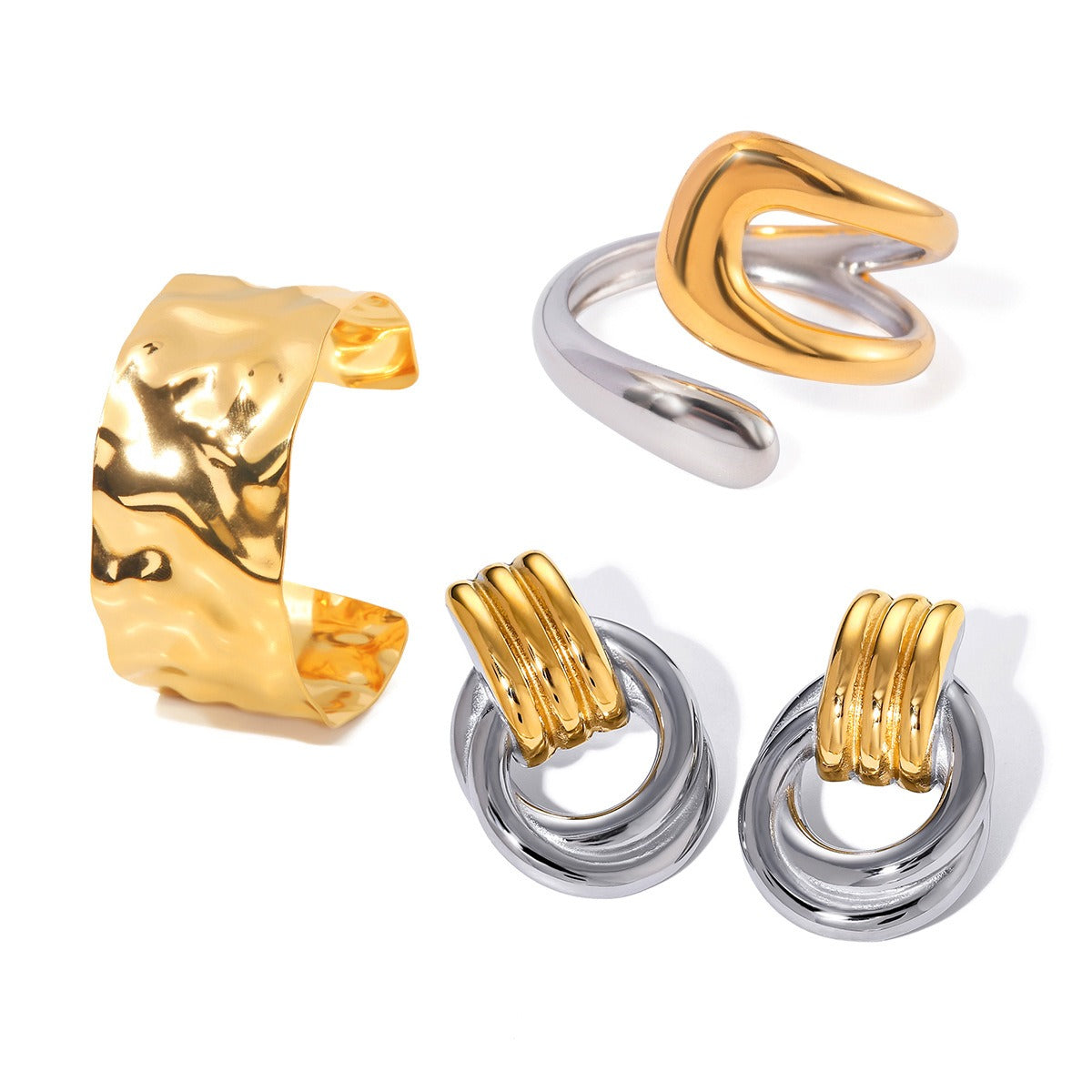 Kaze Geometric Two-Tone Jewellery Set | 18K Gold Earrings, Bracelet &amp; Ring in Gold &amp; Silver