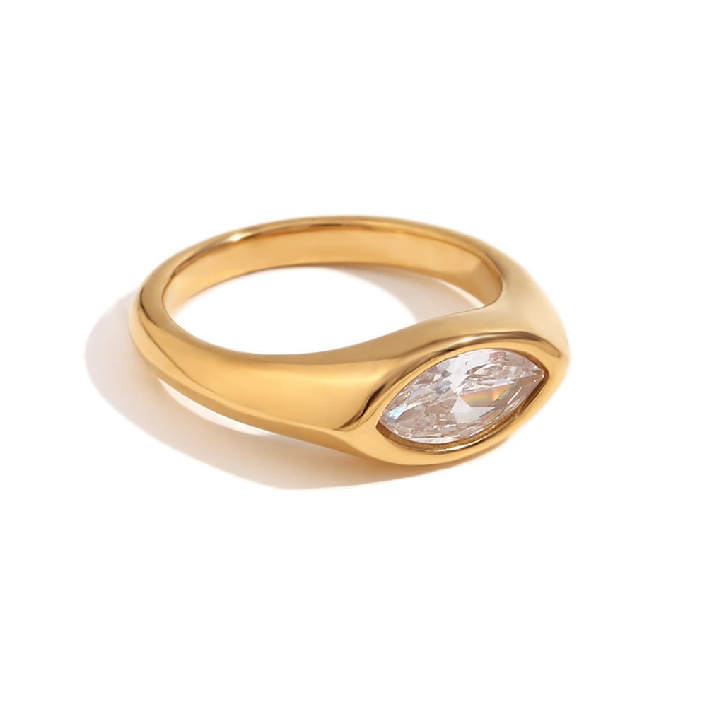 Kaze 18K Gold Marquise-Cut Zircon Vintage Signet Ring | Titanium Steel Ring in 4 Styles Sizes 5–9 US Ring C