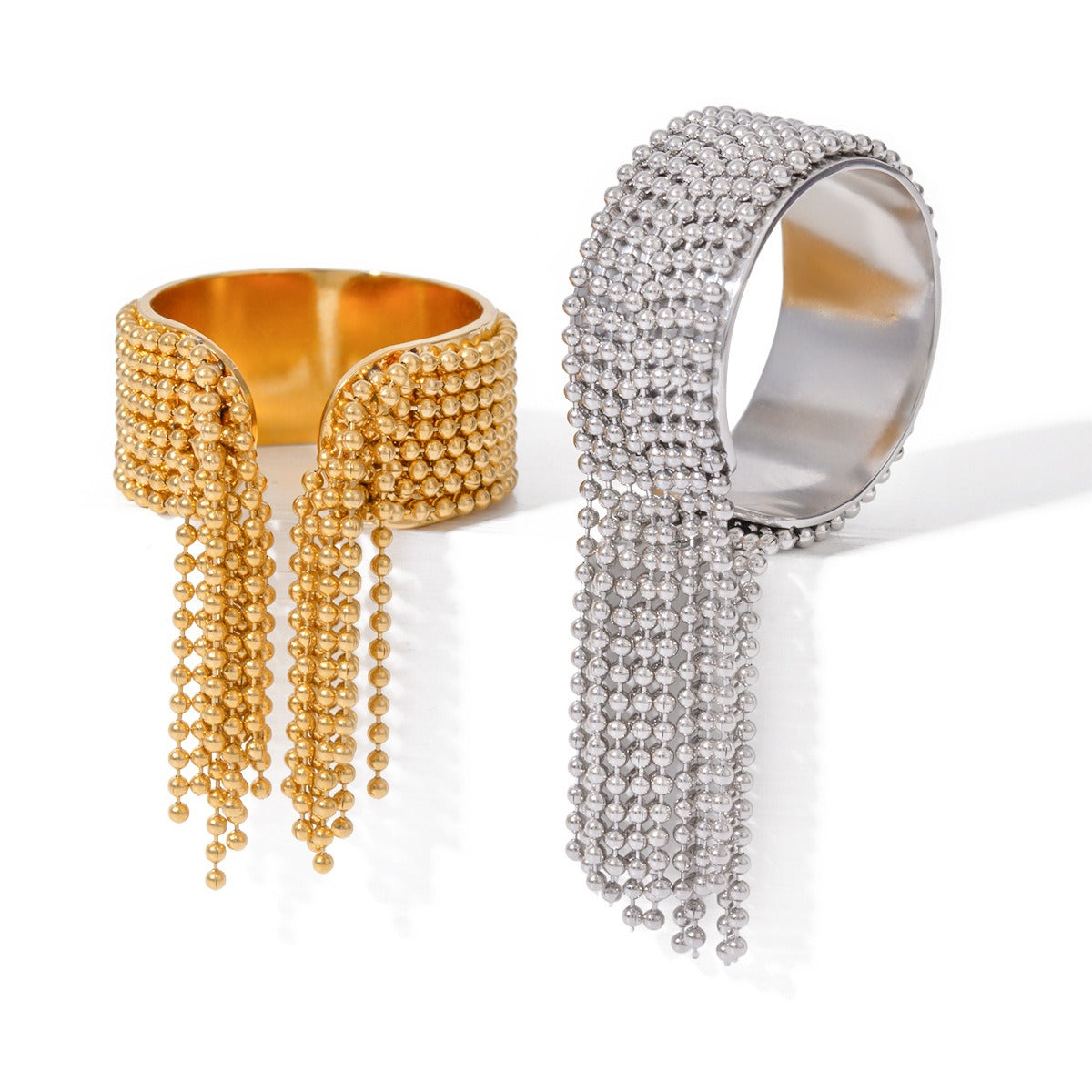 Kaze Round Bead Tassel Design Ring | 18K Gold Elegant Adjustable Ring in Gold &amp; Silver